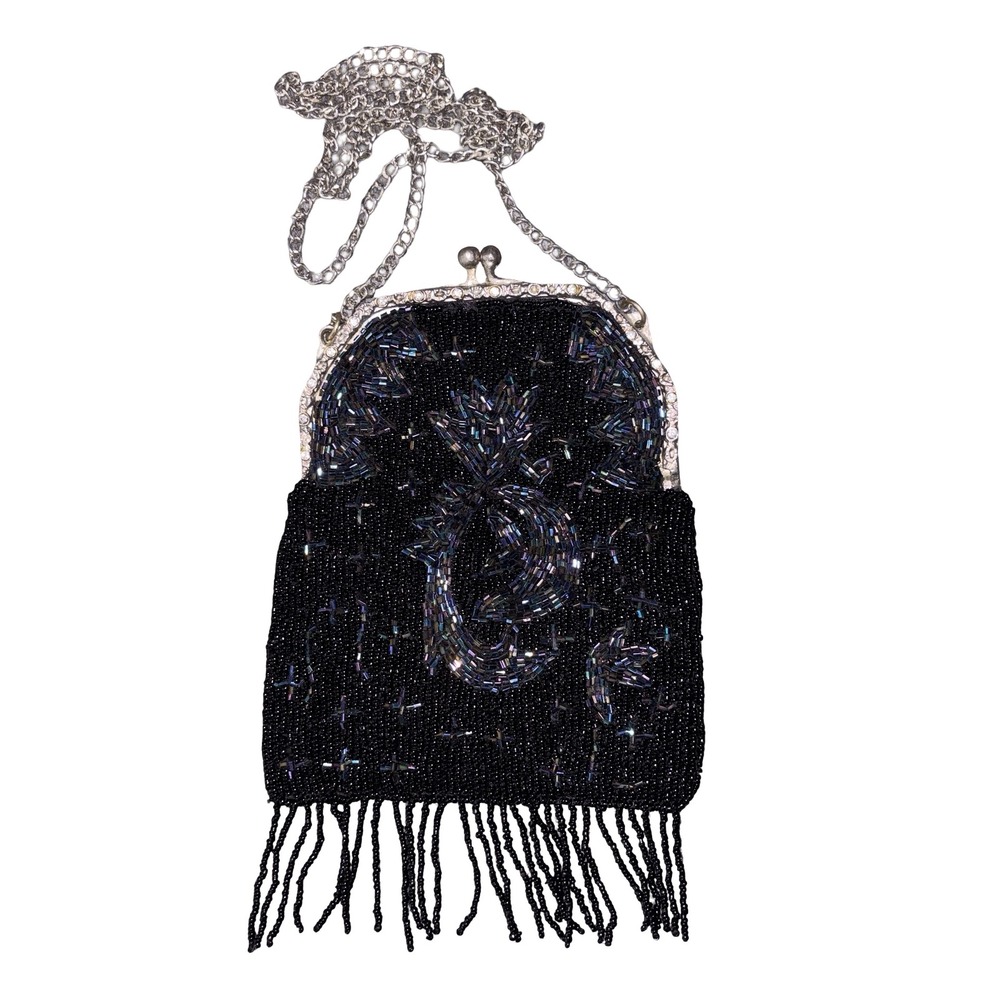 Vintage Beaded Evening Bag Black Iridescent Celestial Kiss Lock Fringe Purse